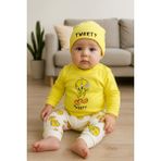 Aki moda kids kız erkek bebek unısex kuş baskılı çıtçıtlı zıbın body pantolon şapka 3 parça bebek takım set - Sarı - 3 - 6 Ay