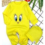 Aki Moda Kids Kız Erkek Bebek Yeni Doğan Unısex Kuş Gözü Baskılı Şapkalı Pamuklu Tulum Takım - 00Sarı - 0 - 3 Ay