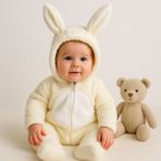 Aki Moda Kids Tavşan Kulaklı Welsoft Kapüşonlu Kışlık Unısex 0-12 Ay Tulum 1 Beden Büyük Alınız - 9 - 12 Ay - 02S-Bej