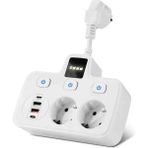 Akım Korumalı 2x USB ve 2x Type-C Portlu 3 Anahtarlı Ikili Priz Hızlı Şarj Özellikli Duvar Tipi Kısa Kablolu 2li Priz