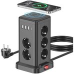 Akım Korumalı Çoklu Priz, 11 Adet AC Girişi, 3 Adet USB, 1 Adet Type-C Girişi, Kablosuz Şarj, 1.4 Metre Kablo Uzunluğu, Tüm Elektronik Cihazlarla Kullanıma Uygun 15 Portlu Çoklu Şarj İstasyonu