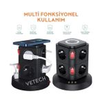 Akım Korumalı Priz Kule Tipi Kablosuz Şarj Istasyonu, 8 Priz, 2 Type-C, 1 USB Girişli, 2mt Kablo - 1 Adet - Ahşap
