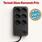 Akım Korumalı Topraklı Golyat Grup Şarj Fiş Priz 6 Prizli 4 USB Girişli 2 Metre Uzatma Kablosu - Siyah - 1