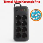 Akım Korumalı Topraklı Golyat Grup Şarj Fiş Priz 8 Prizli 4 USB Girişli 2 Metre Uzatma Kablosu - Siyah - 1