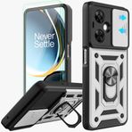 AKINIK OnePlus Nord N30 5G / Nord CE 3 Lite 5G için Slayt Kamera Kapaklı Kılıf ve 2 adet HD Ekran Koruyucu, 360° Döndürme Halkası Destek Çubuğu [Askeri Sınıf] Kılıf (Gümüş)