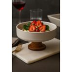 Akkoyunlu Home Ayaklı Yuvarlak Kase Ahşap Ayaklı Akasya Salata Kasesi,seramik Sunum Servis Kasesi 19 cm - Beyaz - 500 ml