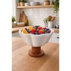 Akkoyunlu home Papatya Kase Ahşap Ayaklı Akasya Salata Kasesi,Seramik Sunum Servis Kasesi 19 cm