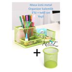 Akraz Art Design MASA ÜSTÜ METAL KALEMLİK SETİ 3'LÜ YEŞİL + TEKLİ KALEMLİK (SET)