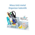 Akraz Art Design MASA ÜSTÜ METAL KALEMLİK ÜÇ GÖZLÜ (MASA SETİ) MAVİ