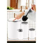 Akrilik 5 Parça Banyo Seti, Beyaz-Mat Gümüş, Kovası/Tuvalet Fırçası/Tuvalet Fırça Kabı/Sıvı Sabunluk/Diş Fırçalık