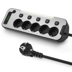 Aksesuarcı Bağımsız Anahtarlı 5'li Işıklı Akım Korumalı Çoklu Priz 4000W, 2x USB - 2x Type-C Giriş, Metal Ön Panel Uzatma Kablosu Köşe Beşli Priz, Topraklı, 2 Metre Kablo