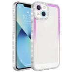 Aksesuarcim iPhone 14 Plus Kılıf Simli ve Renk Geçişli Kamera Lens Korumalı Şeffaf Silikon Kapak Park Beyaz-Pembe