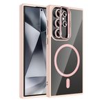 Aksesuarcim iPhone 15 Pro Max Kılıf Şeffaf Standlı Kamera Lens Koruyucu Hediyeli M-Safe Şarj Özellikli Kapak Pembe