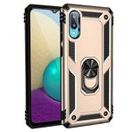 Aksesuarcim Samsung Galaxy A02 ile Uyumlu Kılıf Silikon Yüzük Standlı Araç Tutucu için Mıknatıslı Darbe Karşı Dayanıklı Koruma Tank İnce Kap Vega Altın
