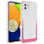 Aksesuarcim Samsung Galaxy A03 Kılıf Simli ve Renk Geçişli Kamera Lens Korumalı Şeffaf Silikon Kapak Park Beyaz-Pembe