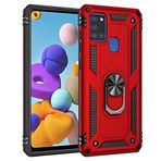 Aksesuarcim Samsung Galaxy A21S ile Uyumlu Kılıf Silikon Yüzük Standlı Araç Tutucu için Mıknatıslı Darbe Karşı Dayanıklı Koruma Tank İnce Kap Vega Kırmızı