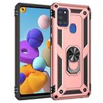 Aksesuarcim Samsung Galaxy A21S ile Uyumlu Kılıf Silikon Yüzük Standlı Araç Tutucu için Mıknatıslı Darbe Karşı Dayanıklı Koruma Tank İnce Kap Vega Rose Gold