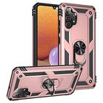 Aksesuarcim Samsung Galaxy A32 4G ile Uyumlu Kılıf Silikon Yüzük Standlı Araç Tutucu için Mıknatıslı Darbe Karşı Dayanıklı Koruma Tank İnce Kap Vega Rose Gold