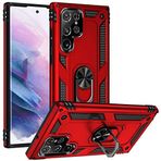 Aksesuarcim Samsung Galaxy S22 Ultra ile Uyumlu Kılıf Silikon Yüzük Standlı Araç Tutucu için Mıknatıslı Darbe Karşı Dayanıklı Koruma Tank İnce Kap Vega Kırmızı