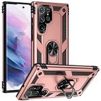 Aksesuarcim Samsung Galaxy S22 Ultra ile Uyumlu Kılıf Silikon Yüzük Standlı Araç Tutucu için Mıknatıslı Darbe Karşı Dayanıklı Koruma Tank İnce Kap Vega Rose Gold