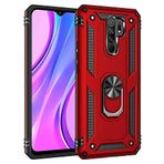 Aksesuarcim Xiaomi Redmi 9 ile Uyumlu Kılıf Silikon Yüzük Standlı Araç Tutucu için Mıknatıslı Darbe Karşı Dayanıklı Koruma Tank İnce Kap Vega Kırmızı