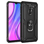 Aksesuarcim Xiaomi Redmi 9 ile Uyumlu Kılıf Silikon Yüzük Standlı Araç Tutucu için Mıknatıslı Darbe Karşı Dayanıklı Koruma Tank İnce Kap Vega Siyah