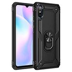 Aksesuarcim Xiaomi Redmi 9A ile Uyumlu Kılıf Silikon Yüzük Standlı Araç Tutucu için Mıknatıslı Darbe Karşı Dayanıklı Koruma Tank İnce Kap Vega Siyah