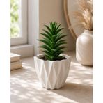 AksesuArt Geometrik Desenli Beyaz Seramik Saksı, Mat Finish, Masaüstü, Modern Minimalist Stil, Sukulent ve Kaktüs için, 14x13 cm | PLA 3D Baskı