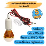 Akü Pensli 4 Metre Kablolu 12 V Tasarruflu Seyyar Led Ampul 5W Lamba Anahtarlı Aydınlatma Beyaz Işık