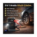 Akü Takviye Cihazı, Akü Takviyeli Hava Kompresörü, 150 PSI Dijital Göstergeli Oto Kompresör, Taşınabilir Şarjlı Kullanım, Fener Işığı ve SOS Mod, 12000 Mah Batarya (PSI,KPA,BAR,KG/CM²)