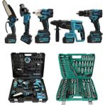 Akülü 6 Lı Grup Set ( 5li Makina Seti Avuç Taşlama,kırıcı Delici,somun Sıkma Sökme,vidalama,budama Testere + 216 Parça Lokma Seti ) EEA432