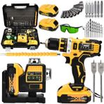 Akülü Lazer Terazi ve Vidalama Matkap Seti 58V, Sarı, Çok Fonksiyonlu - Seçenek 1