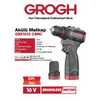 Akülü Şarjlı Matkap 16V 2Ah Delme Vidalama Matkap(Brushless Motor)(Grx1634-2 Bmc) Siyah Gri Darbesiz 1 Set