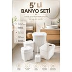 Akyüz Plastik 🧺5 Parça Beyaz Plastik Banyo Seti | Kirli Çamaşır Sepeti, Temiz Çamaşır Sepeti, Deterjan Kutusu, Çö