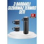 Al-Kar Ticaret Paslanmaz Çelik Lisinya Termos Siyah Renk 3 Bardaklı Taşınabilir Termos Seti Kamp ve Outdoor Uyumlu