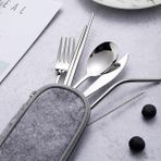 Ala Store 8 Parça Çantalı Yolculuk Çatal Bıçak Kaşık Pipet Chopstick Seti Kamp Okul Ofis Tatil Paslanmaz Çelik Metal - 01P-Pembe