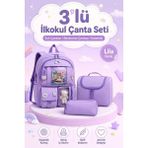 Alanç Gift Kore Tarzı Aksesuarlı 3'lü Set Kız Çocuk Ilkokul Çantası Termal Beslenme Çantası ve Kalemlik - Mor