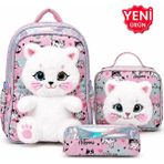Alanç Gift Premium Kız Çocuk Peluş Tavşanlı Ilkokul Sırt Çantası Termal Beslenme Çantası ve Kalemlik - Pembe