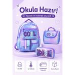 Alanç Gift Ultra Lüks Kore Tarzı Cool Tasarım Kız Çocuk Ilkokul Çantası Termal Beslenme Çantası ve Çift Bölmeli Kalemlik - Mor