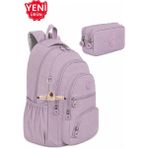 Alanç Gift Ultra Lüks Unisex Krinkıl Kumaş Lise, Ortaokul Sırt Çantası ve Çift Bölmeli Kalemlik, Anahtarlık Hediyeli - Gül Kurusu