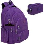 Alanç Gift Ultra Lüks Unisex Krinkıl Kumaş Lise, Ortaokul Sırt Çantası ve Çift Bölmeli Kalemlik, Anahtarlık Hediyeli - Mor