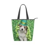 Alaza Tote Kanvas Sevimli St. Patrick's Yavru Köpek Yonca Shamrock 14×4.5×15 inç Çoklu Kadın Omuz El Çantası