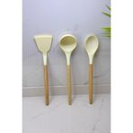 Albergio Ahşap Saplı Silikon Mutfak Seti – 32 cm Kaşık-Kepçe-Spatula Krem