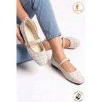 Albishoes Günlük Kadın Babet Bantlı Tokalı Anatomik Rahat Ev Iş Ofis Ayakkabı Kadın Tüvit Kumaş - Krem