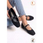 Albishoes Günlük Kadın Babet Bantlı Tokalı Anatomik Rahat Ev Iş Ofis Ayakkabı Kadın Tüvit Kumaş - Siyah
