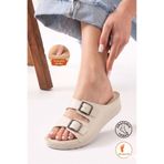 AlbiShoes Kadın Çift Tokalı Yumuşak Ped Rahat Taban Hafif Topuk 4 CM Günlük Anne Kadın Terlik
