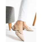 Albishoes Kadın Kare Topuk 4 cm Toka Detaylı Arkası Açık Sivri Burun Iş Ofis Günlük Kadın Ayakkabı - Krem Rugan