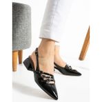 Albishoes Kadın Kare Topuk 4 cm Toka Detaylı Arkası Açık Sivri Burun Iş Ofis Günlük Kadın Ayakkabı - Siyah Rugan