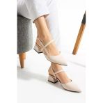 Albishoes Kadın Kare Topuk 4 Cm Tokalı Şerit Bant Arkası Açık Sivri Burun Şık Günlük Kadın Ayakkabı