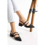 Albishoes Kadın Kare Topuk 5 Cm Arkası Açık Sivri Burun Topuklu Ayakkabı Alçak Topuk Kadın Ayakkabı